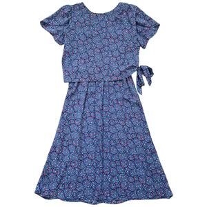 Vintage 80s Susan Richards Blue Floral Dress Shoulder Pads Side Tie Midi USA 14W